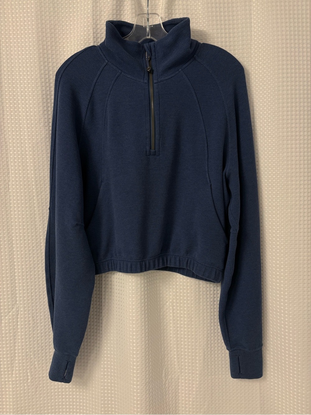 Lululemon Scuba Cropped Funnel Neck Half Zip Waffle ~ M ~ Heathered Blue Twill